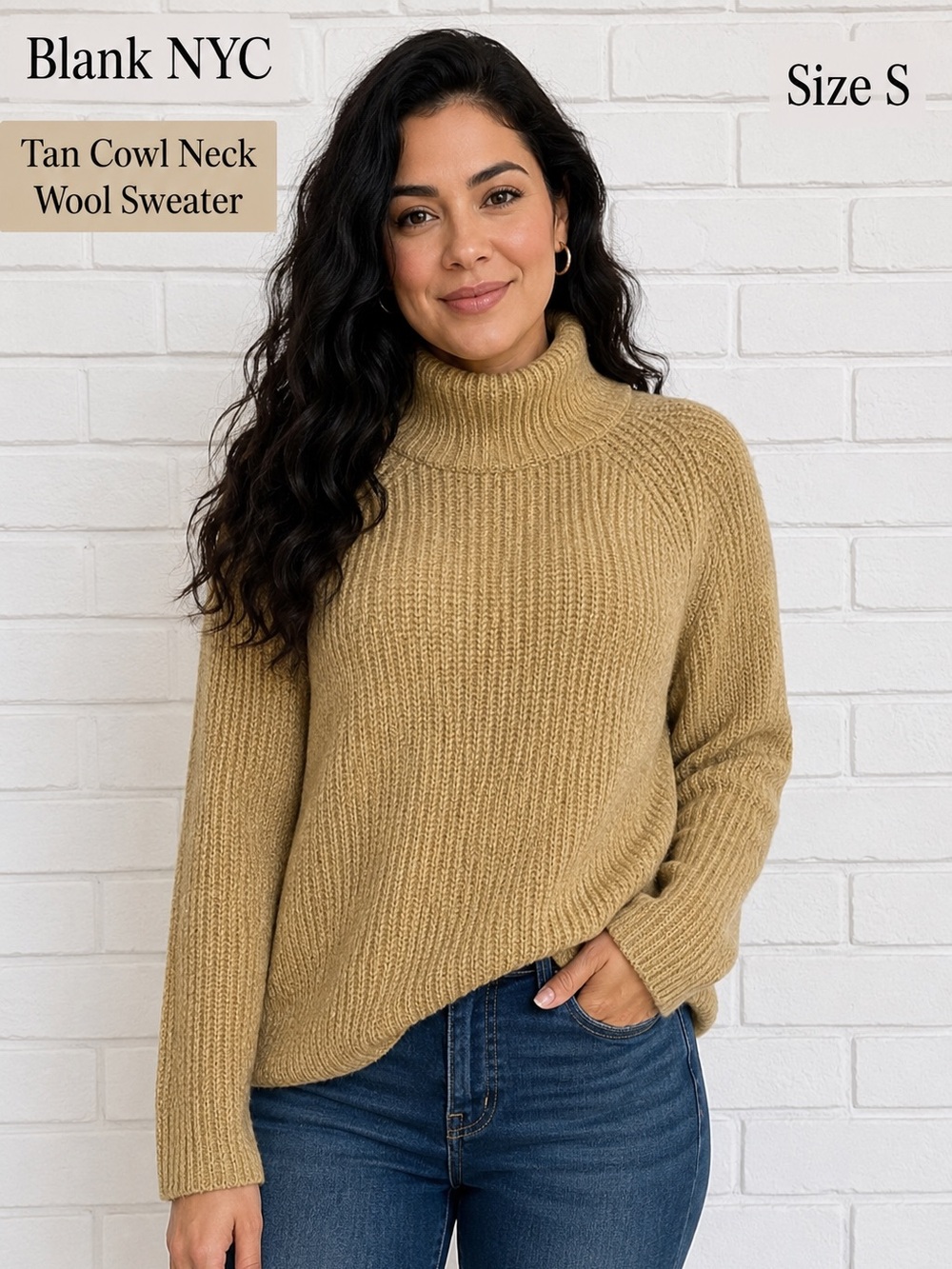 Blank NYC Tan Cowl Neck wool Sweater with Ribbed Texture/size S